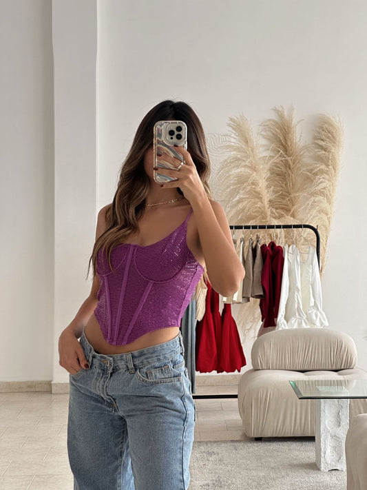 CORSET MORADO COPAS PEDRERIA PLANA