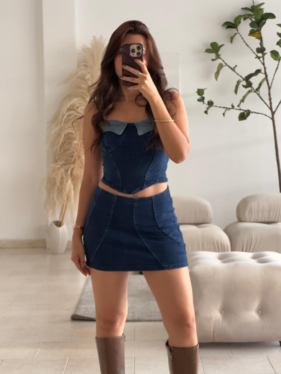 SET CORSET Y FALDA DENIM OSCURO