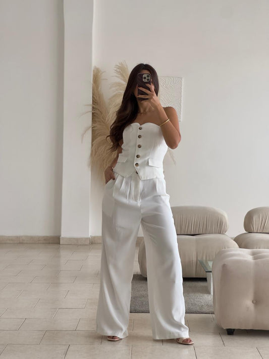 SET CHALECO STRAPLESS Y PANTALÓN BLANCO