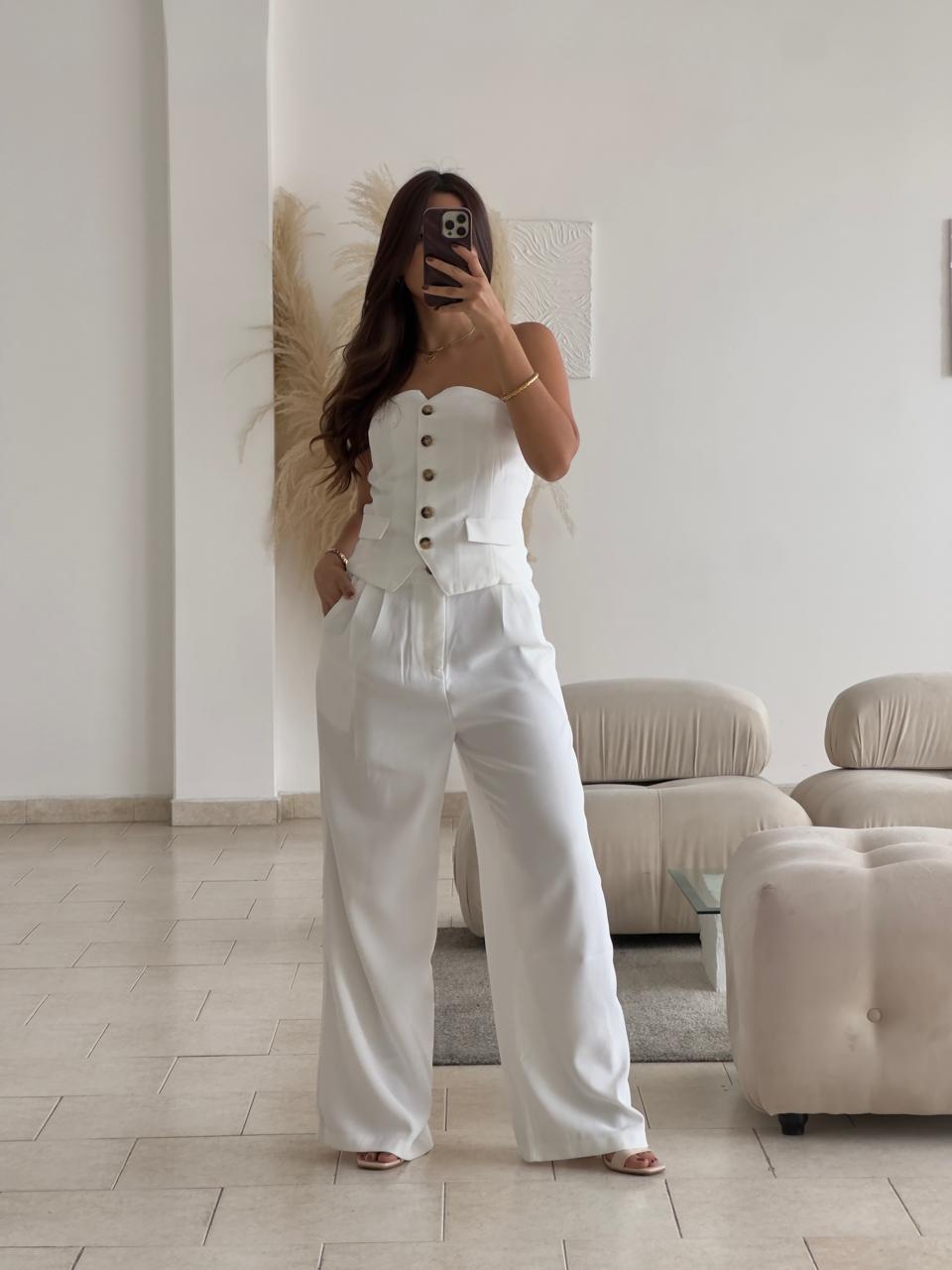 SET CHALECO STRAPLESS Y PANTALÓN BLANCO