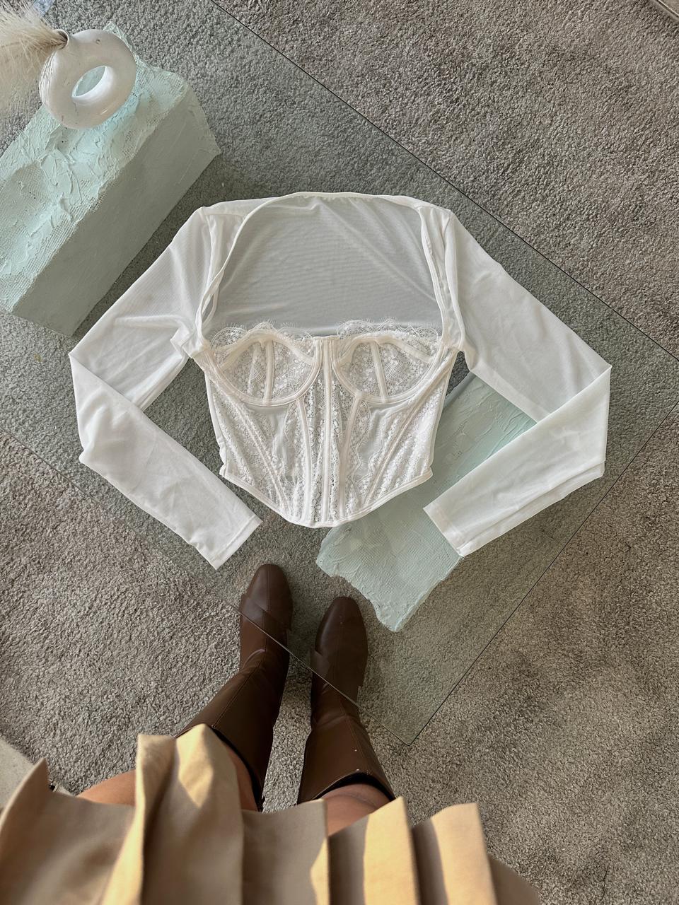 CORSET ENCAJE MANGA LARGA BLANCO