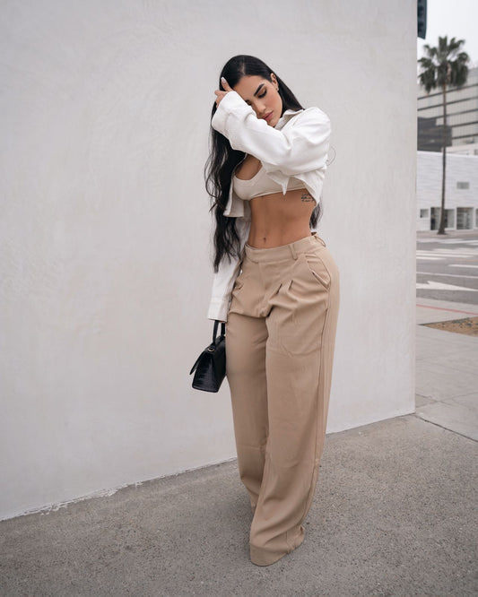 PANTALON EN TELA WIDE LEG CAFÉ CLARO