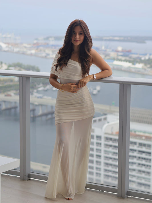 VESTIDO LARGO TRANSPARENCIAS NUDE