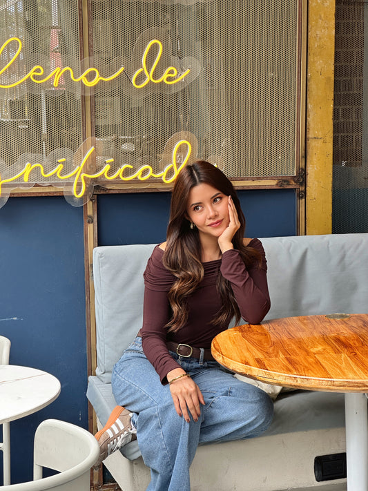 BLUSA MANGA LARGA STRAPLESS MOCHA