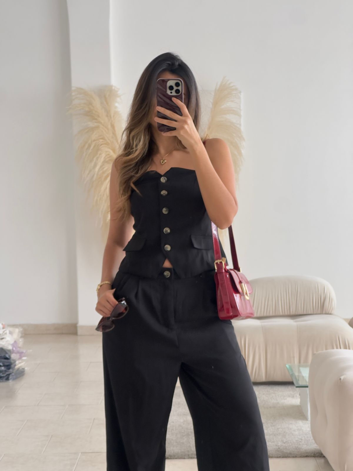 SET CHALECO STRAPLESS Y PANTALÓN NEGRO