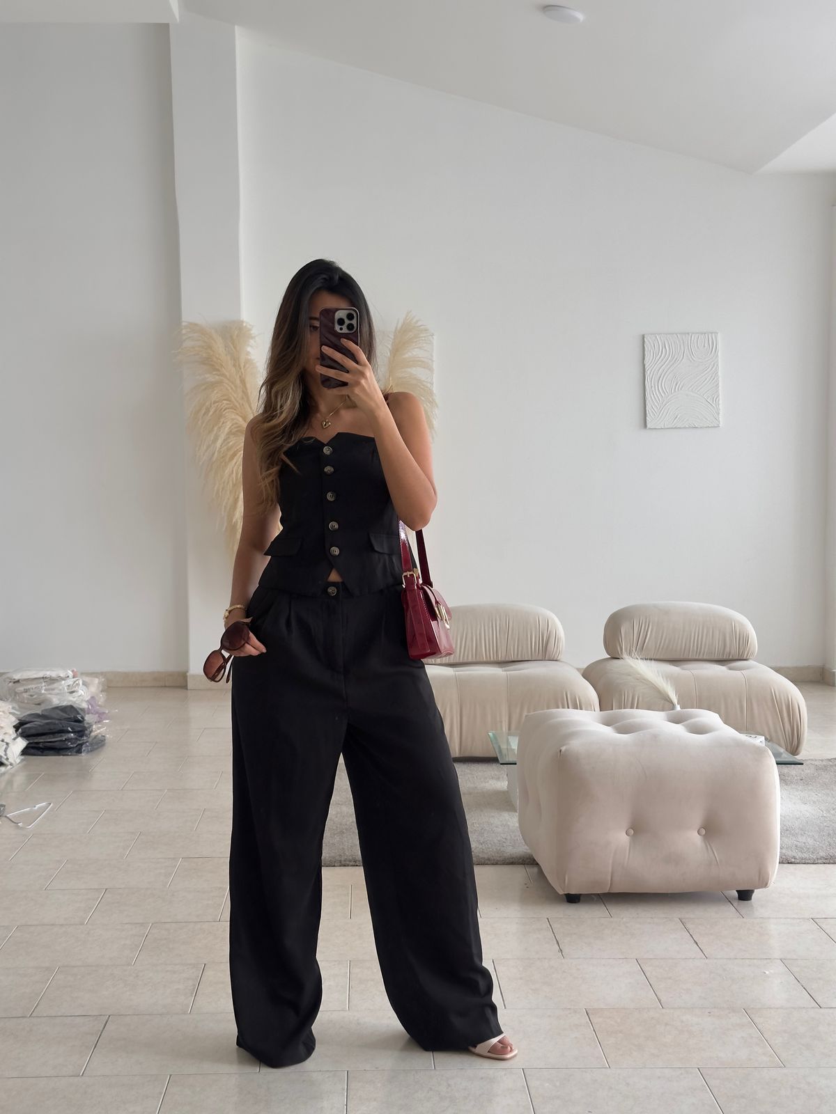 SET CHALECO STRAPLESS Y PANTALÓN NEGRO