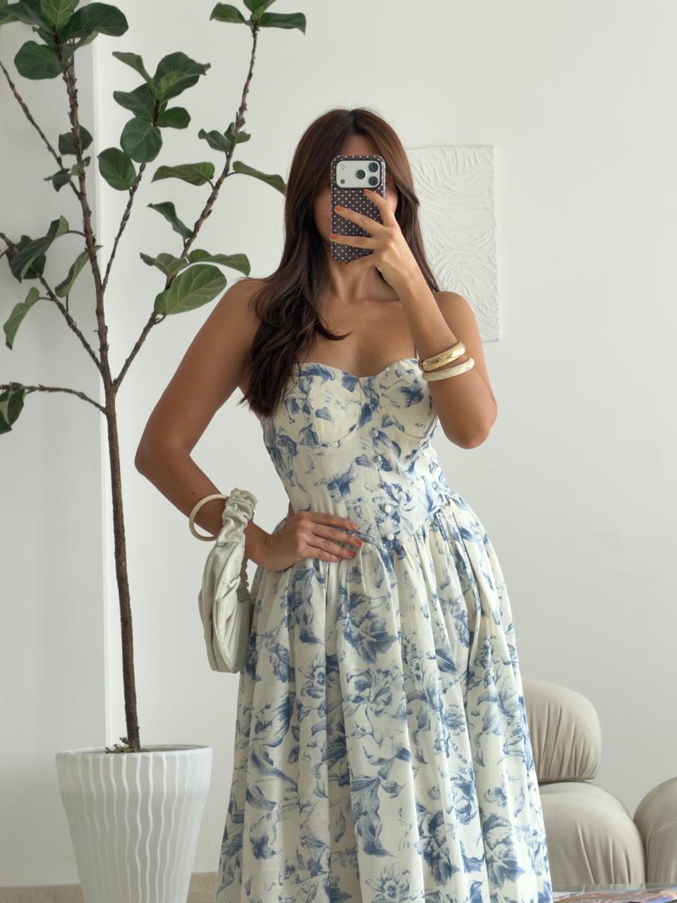 VESTIDO CORSET LARGO FLORAL AZUL