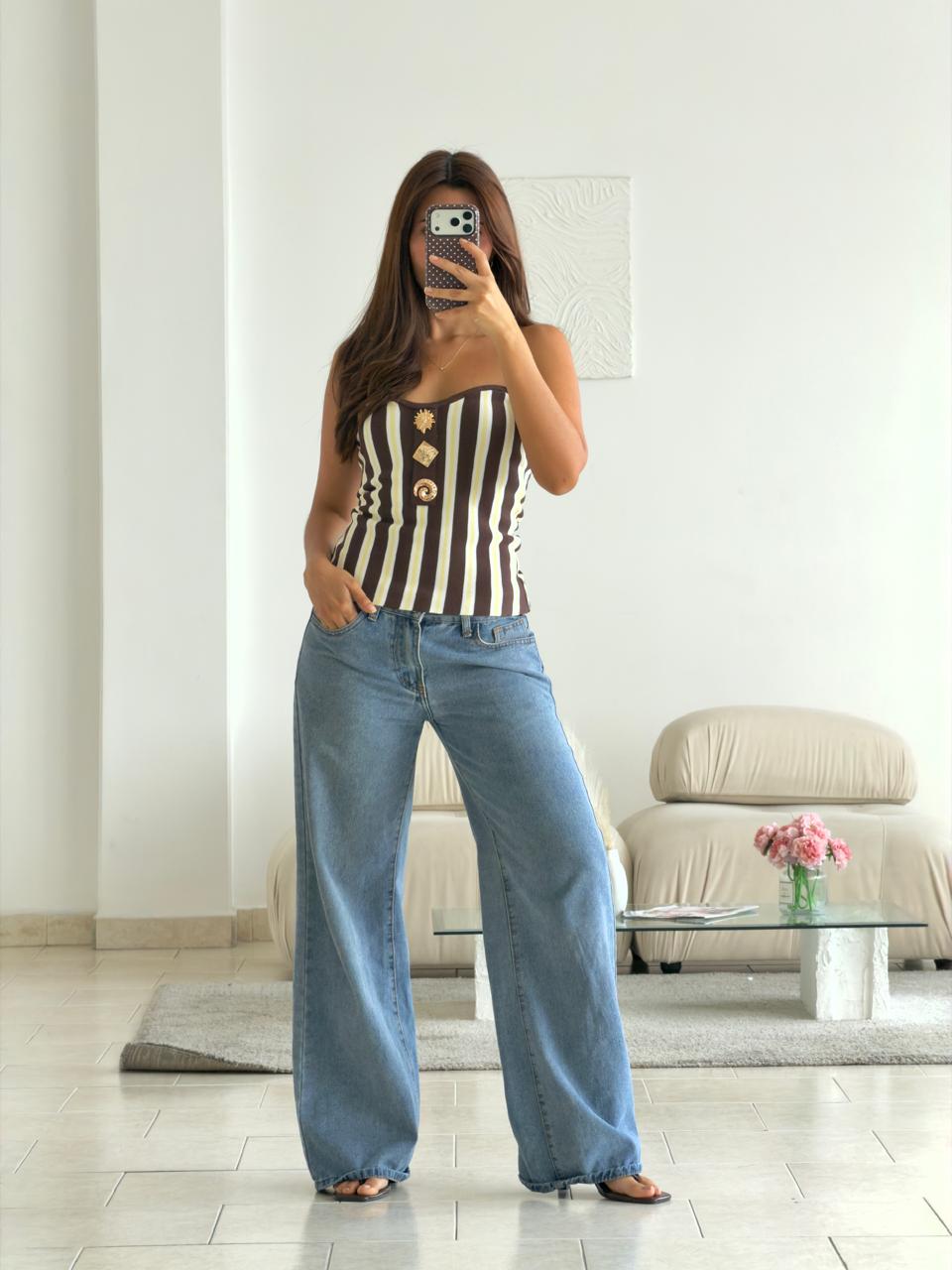 BLUSA STRAPLESS TEJIDA RAYAS CAFÉ Y BLANCO