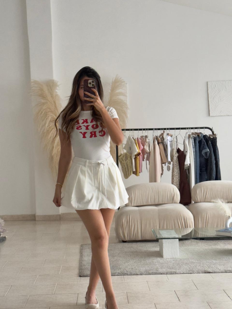 FALDA SHORT GLOBO EN TELA BLANCA