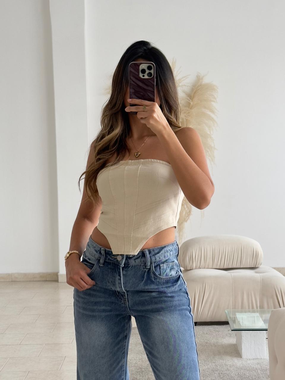 CORSET DENIM STRAPLESS CAQUI