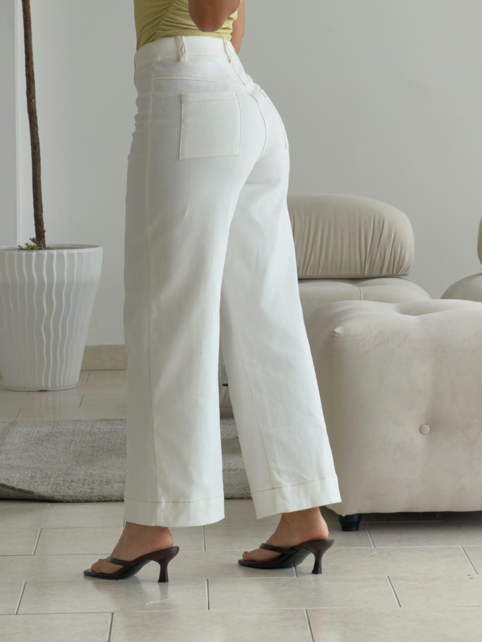 PANTALON CULOTTE BLANCO COSTURAS CAFÉ
