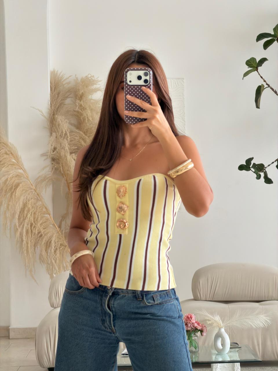 BLUSA STRAPLESS TEJIDA RAYAS AMARILLO Y CAFÉ