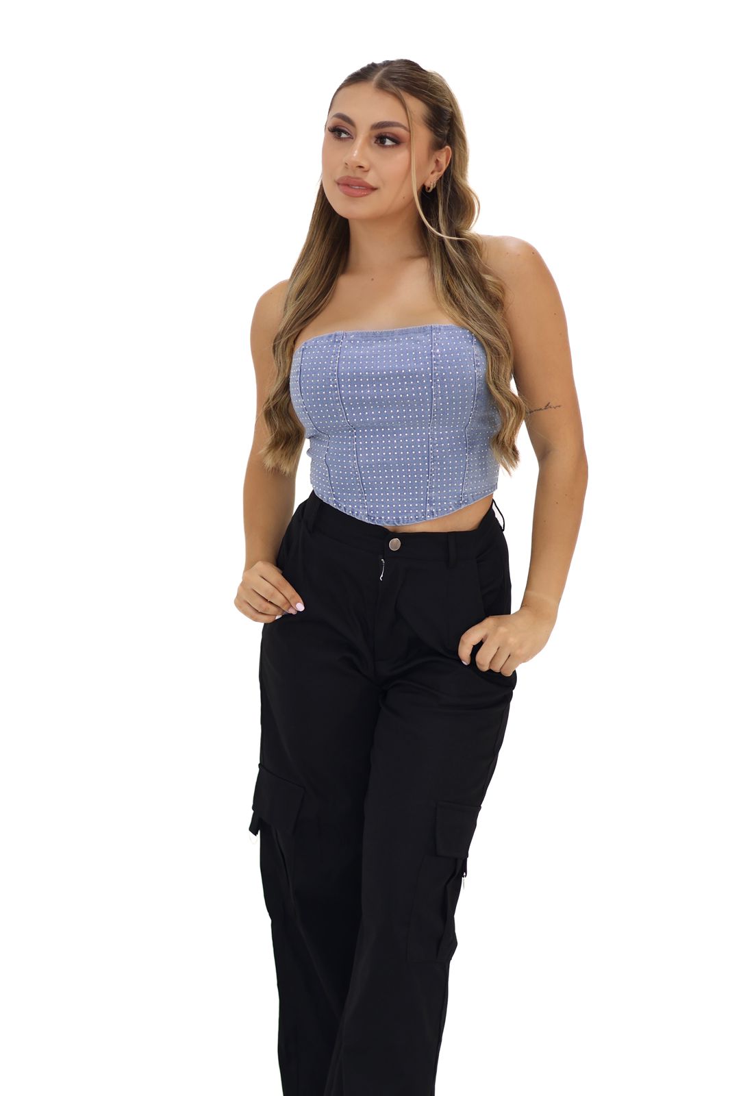 CORSET DENIM STRAPLESS APLIQUES