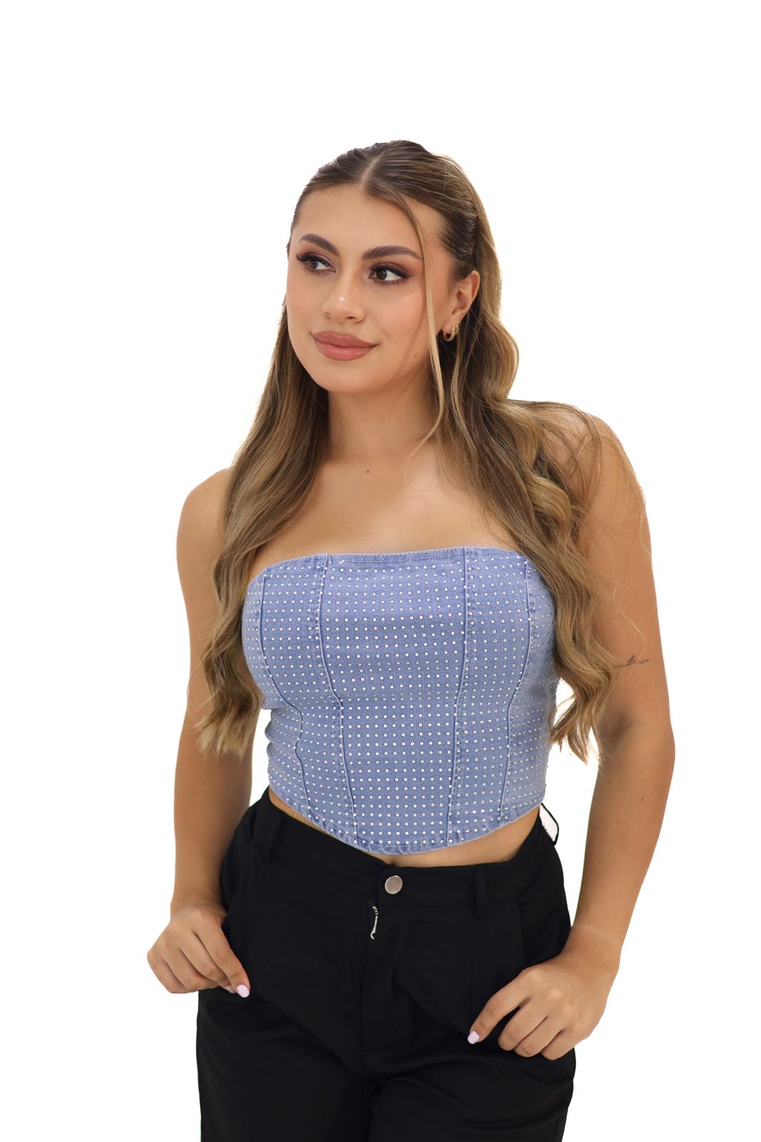 CORSET DENIM STRAPLESS APLIQUES