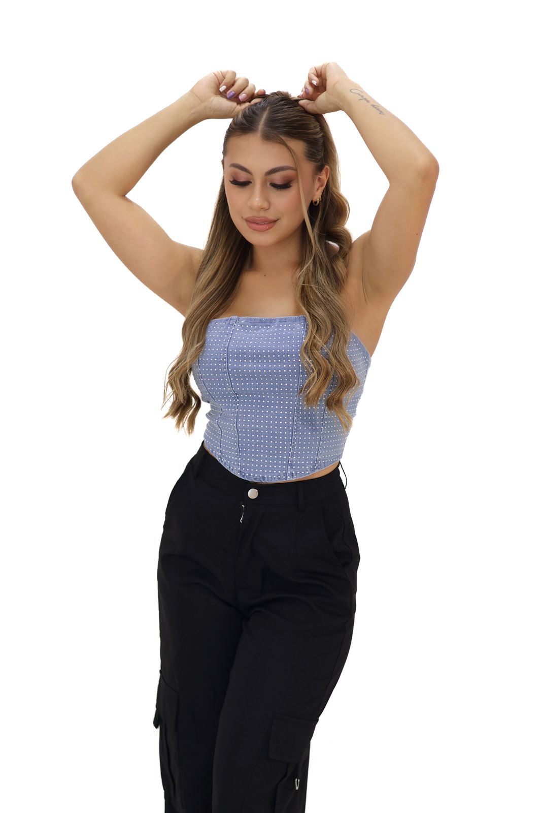 CORSET DENIM STRAPLESS APLIQUES