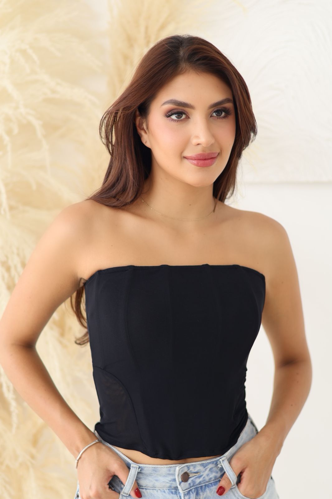 CORSET NEGRO LARGO  STRAPLESS VELO RECTO