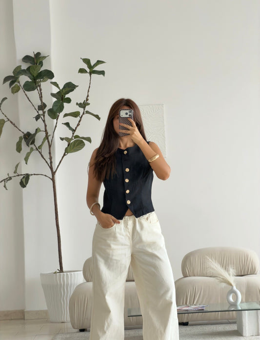 CHALECO DENIM LARGO NEGRO BOTONES DORADOS