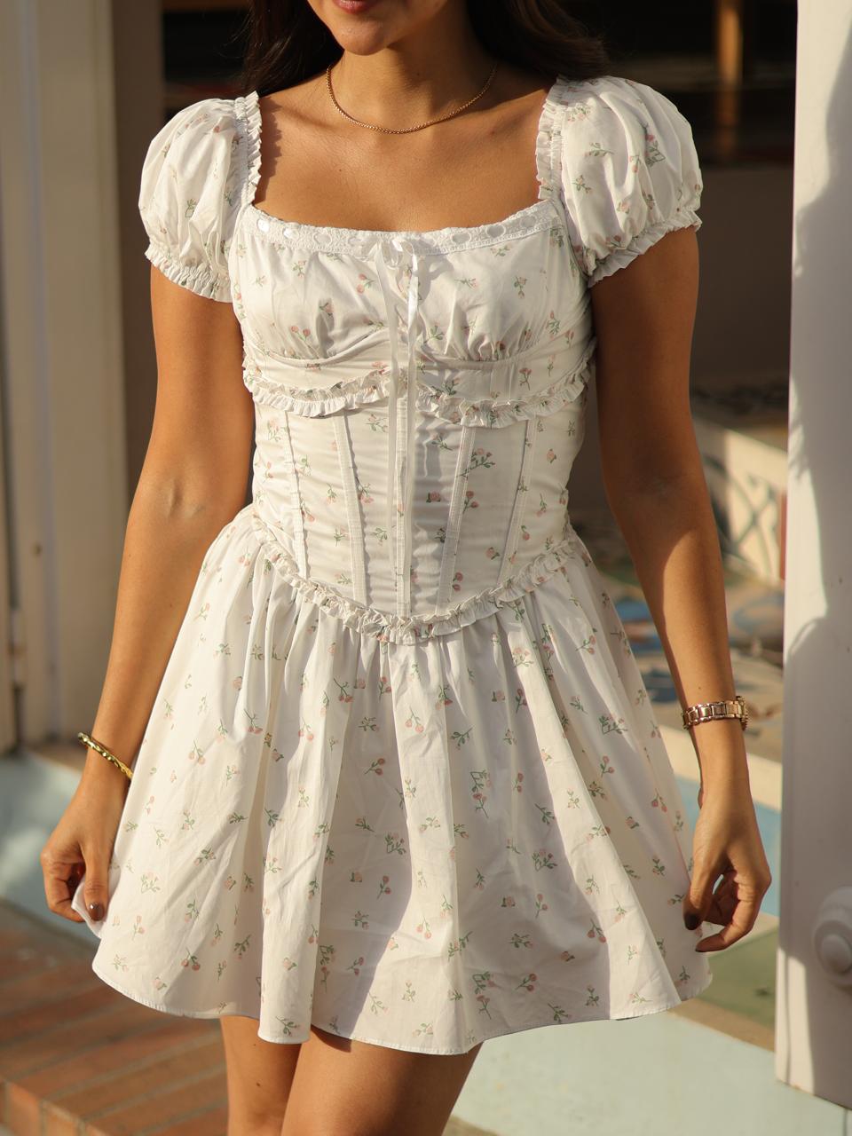 VESTIDO FLORAL MANGUITAS Y CORSET