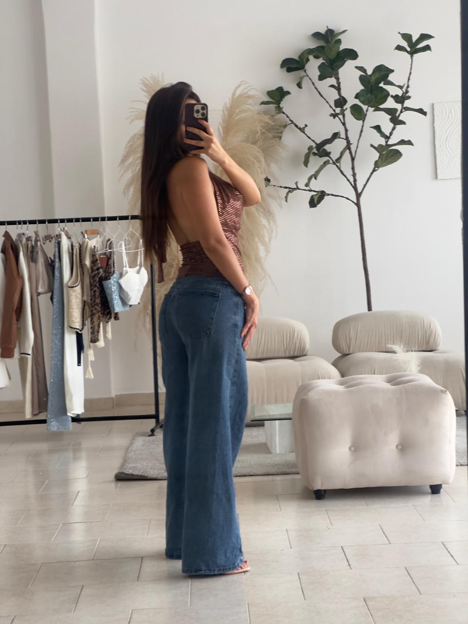 BLUSA BRILLO MOCHA CUELLO CAIDO