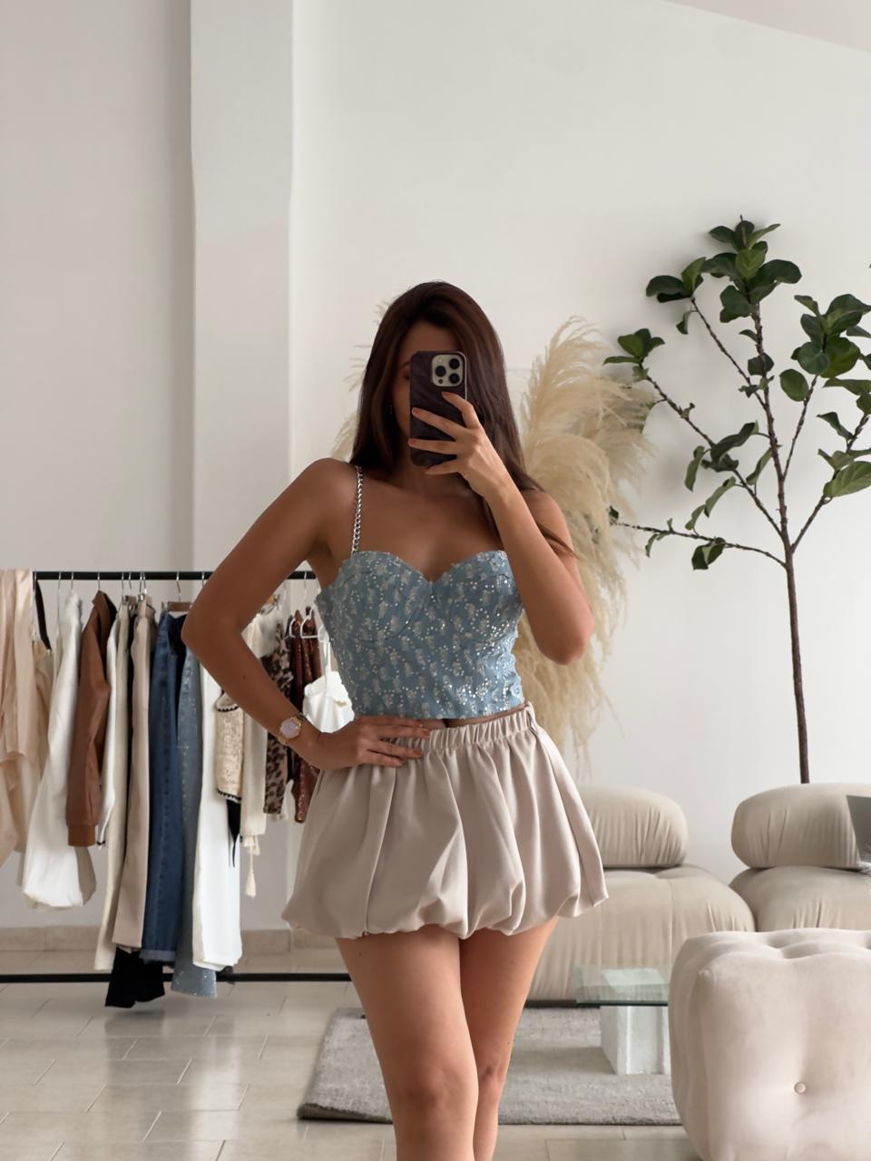 CORSET DENIM TIRAS CADERA Y LENTEJUELAS