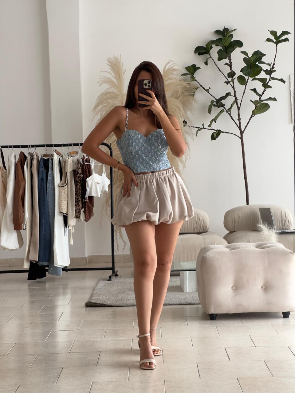 CORSET DENIM TIRAS CADERA Y LENTEJUELAS