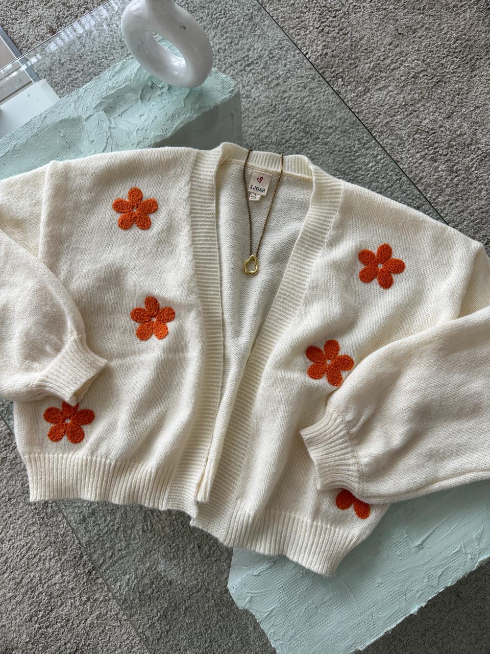 CARDIGAN CREMA FLORES NARANJAS