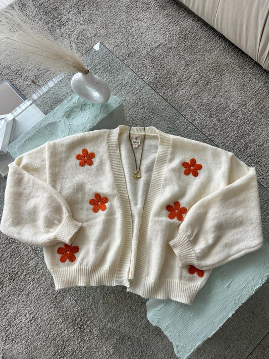 CARDIGAN CREMA FLORES NARANJAS