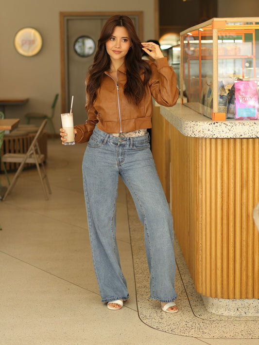 CHAQUETA CROTA EFECTO CUERO CAFÉ