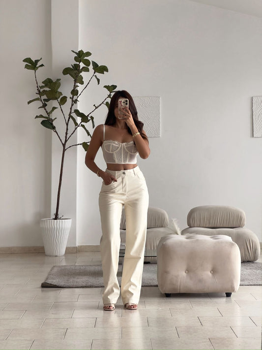 PANTALON CUERINA MATE TIRO ALTO CREMA