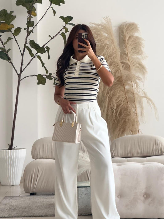 BLUSA POLO TEJIDA RAYAS BLANCO  Y NEGRO