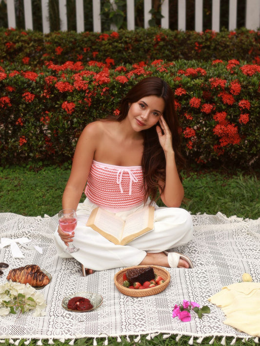 CROP TOP TEJIDO STRAPLESS RAYAS ROSA Y ROJO