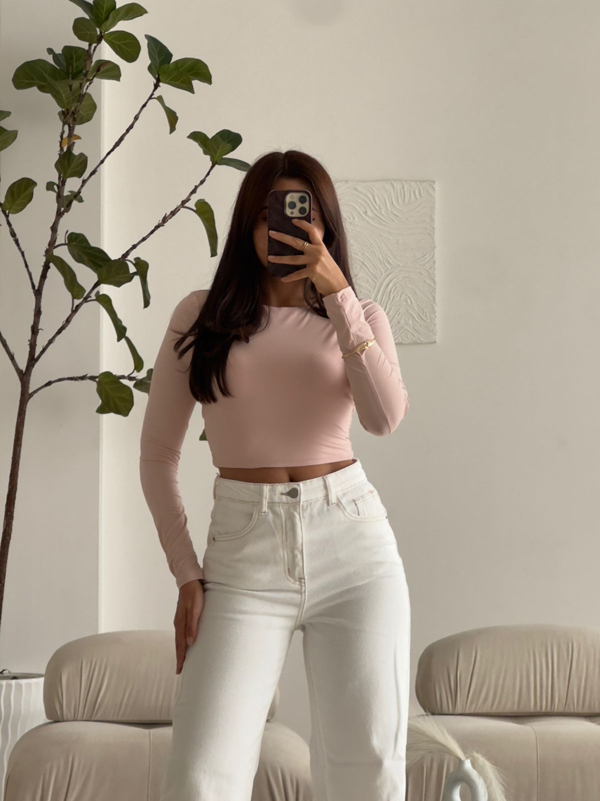 CROP TOP MANGA LARGA TELA DOBLE PALO ROSA