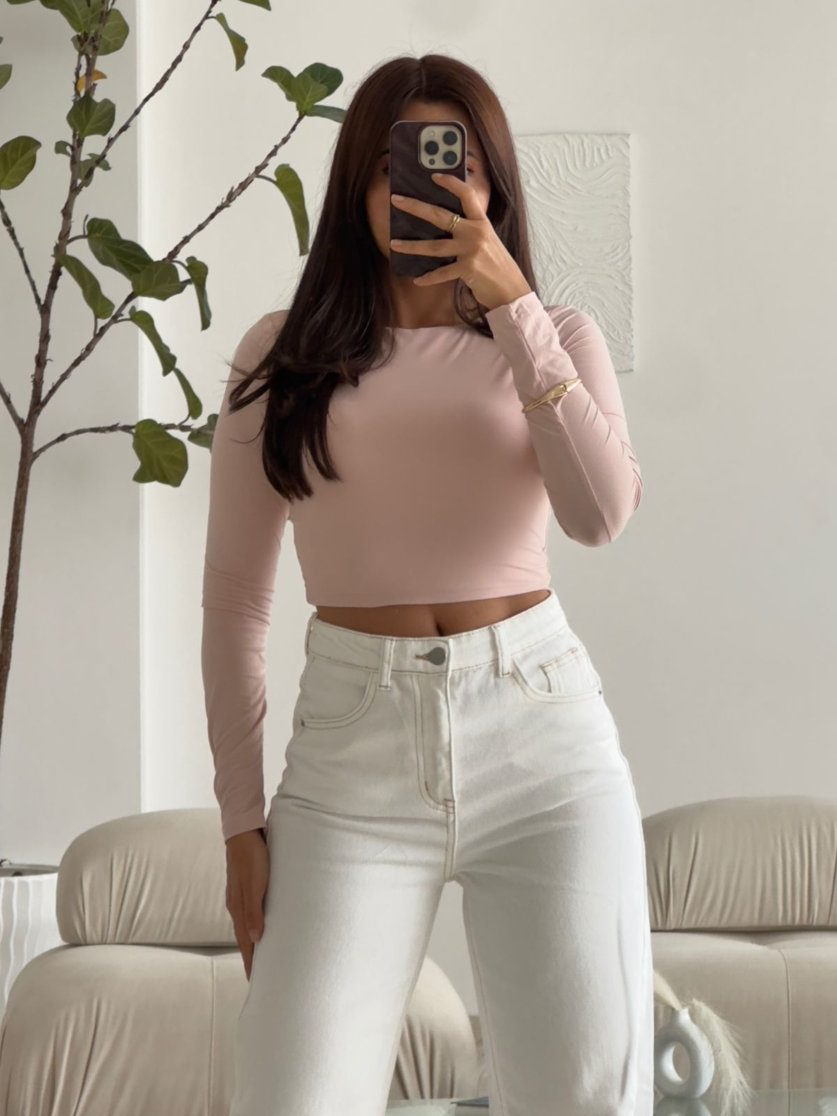 CROP TOP MANGA LARGA TELA DOBLE PALO ROSA