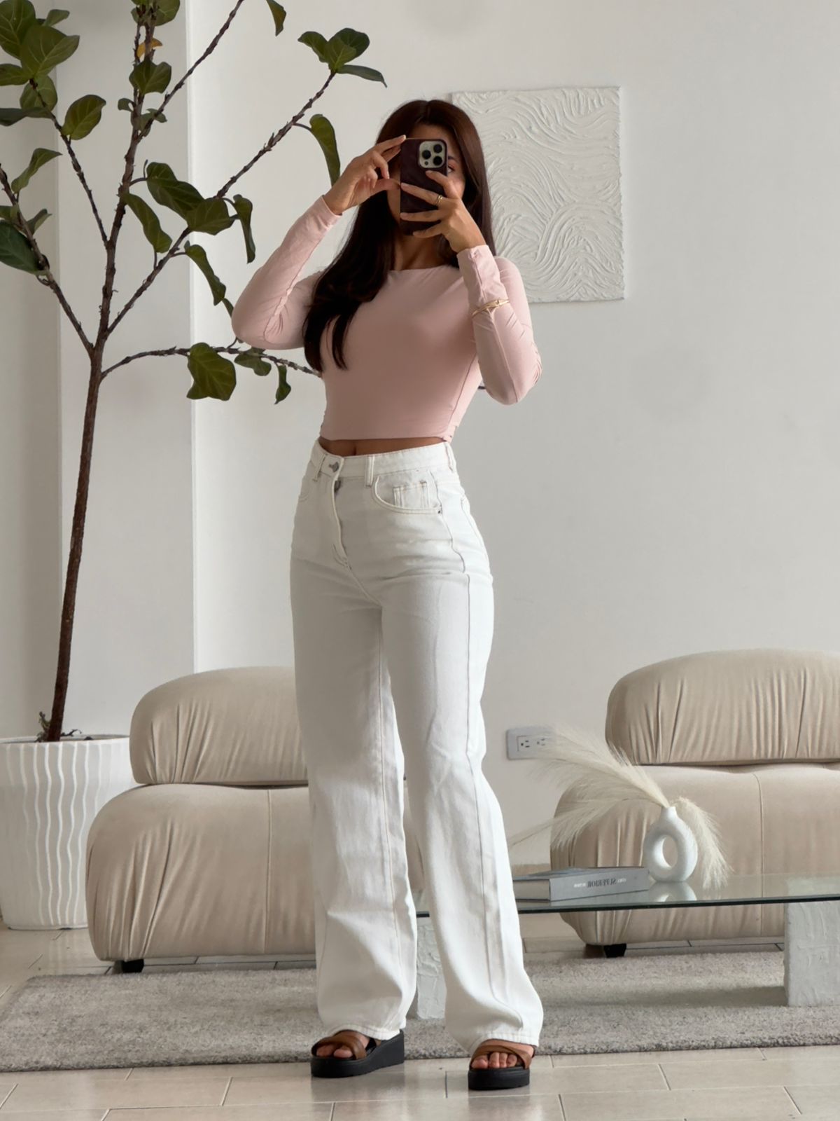 CROP TOP MANGA LARGA TELA DOBLE PALO ROSA