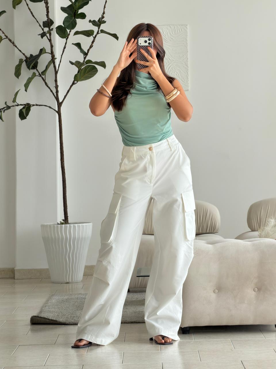 BLUSA AGUAMARINA MESH CUELLO ALTO