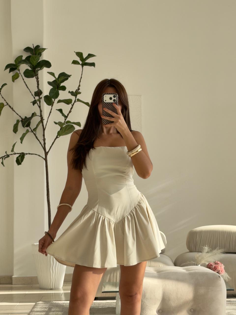 VESTIDO CORSET CORTO BEIGE TIRA AL CUELLO