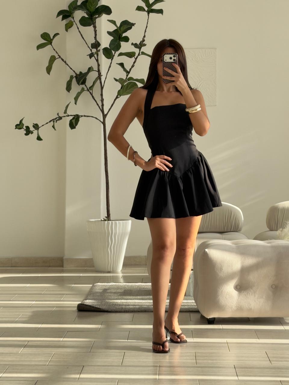 VESTIDO CORSET CORTO NEGRO TIRA AL CUELLO