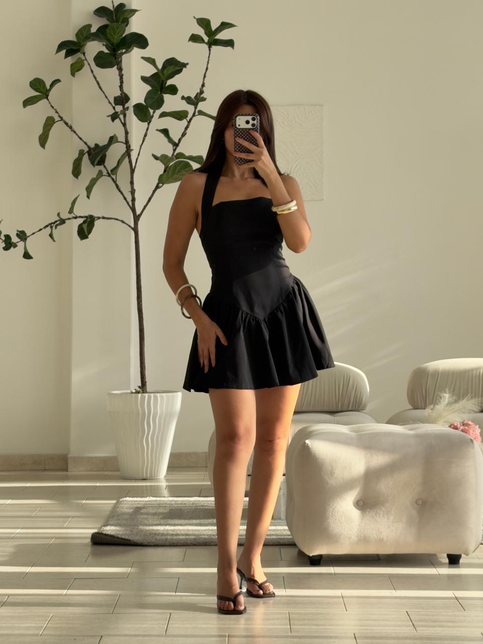 VESTIDO CORSET CORTO NEGRO TIRA AL CUELLO