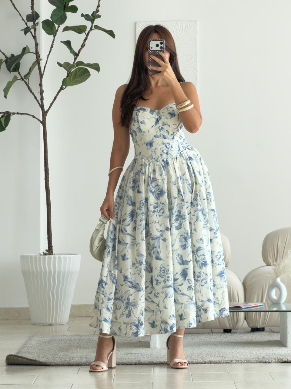 VESTIDO CORSET LARGO FLORAL AZUL