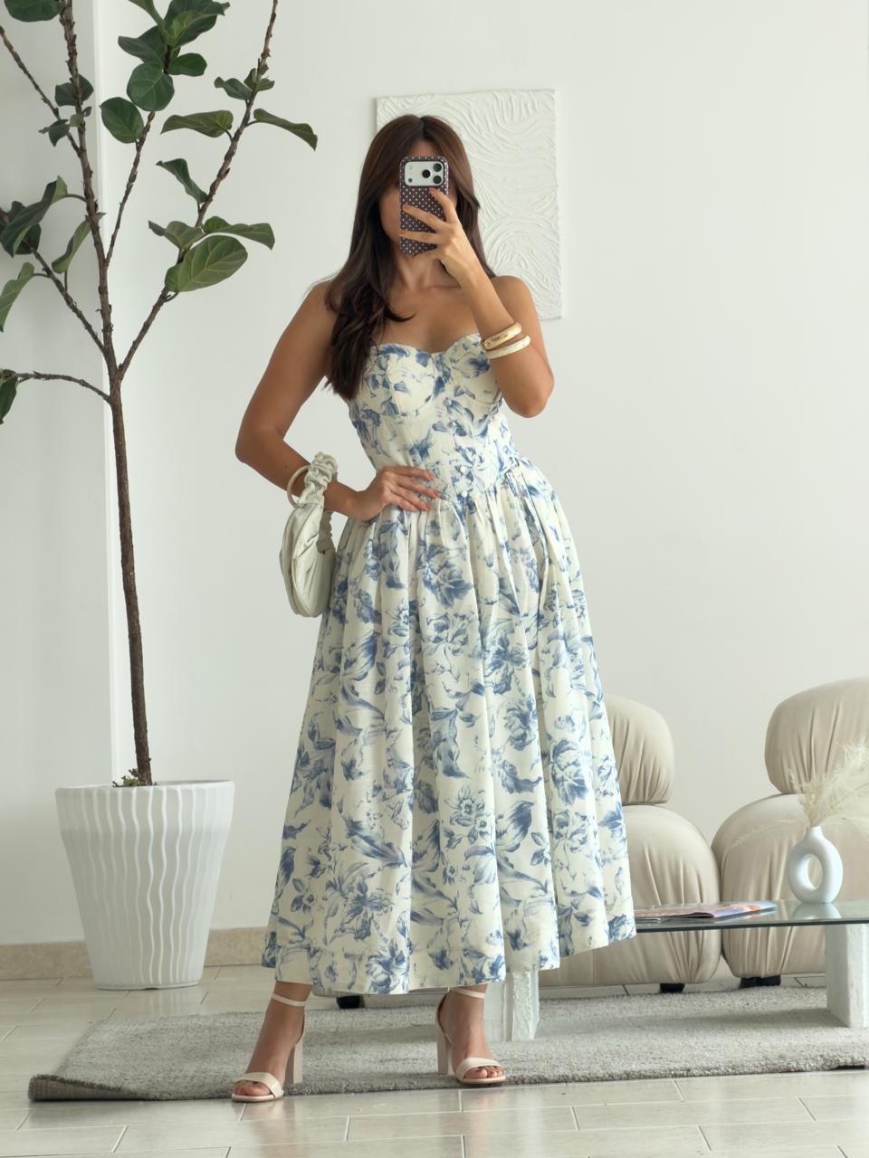 VESTIDO CORSET LARGO FLORAL AZUL