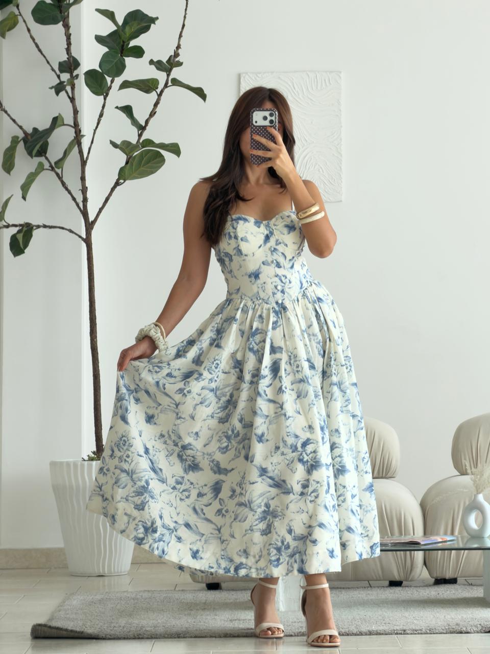 VESTIDO CORSET LARGO FLORAL AZUL