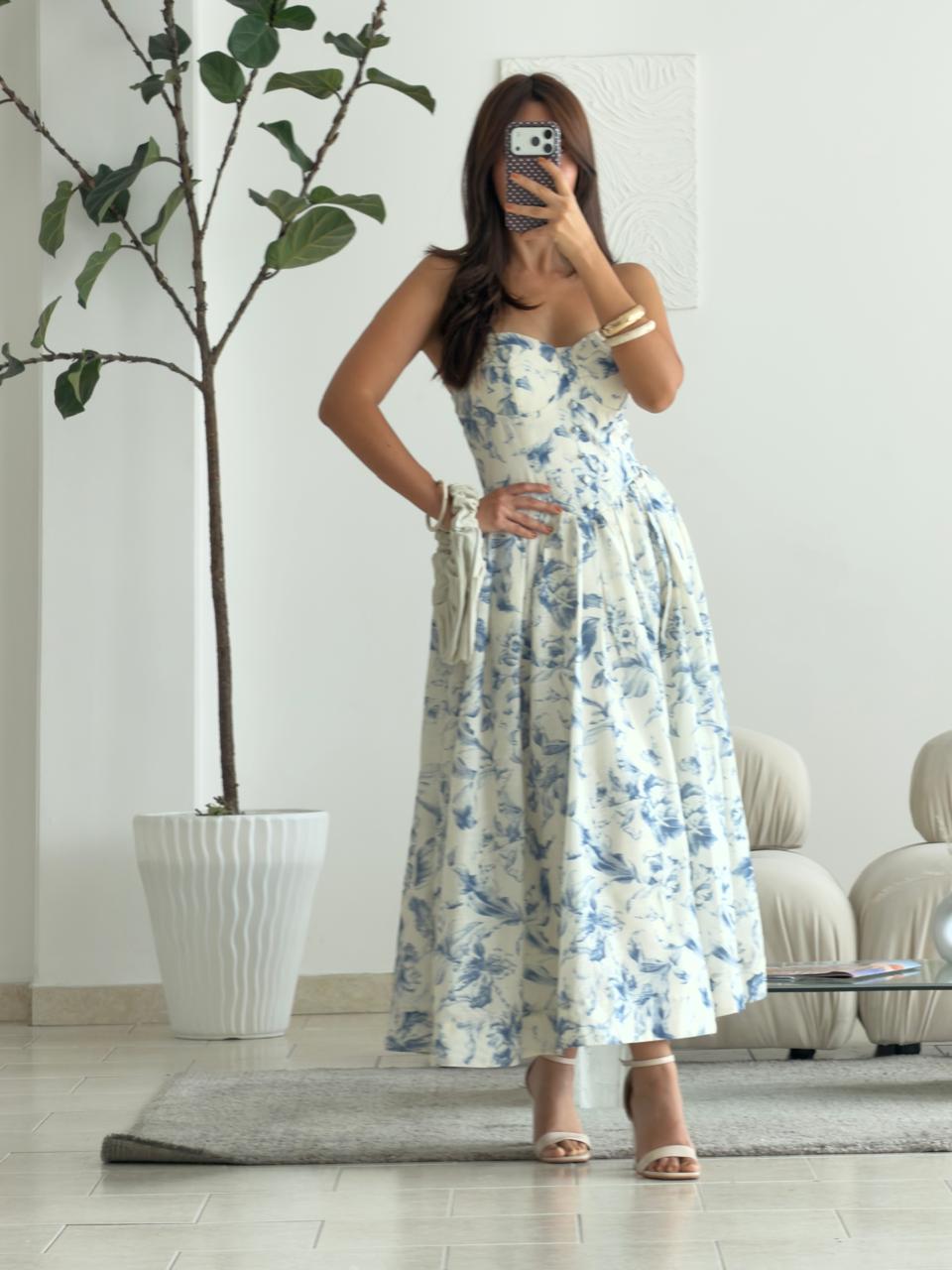 VESTIDO CORSET LARGO FLORAL AZUL