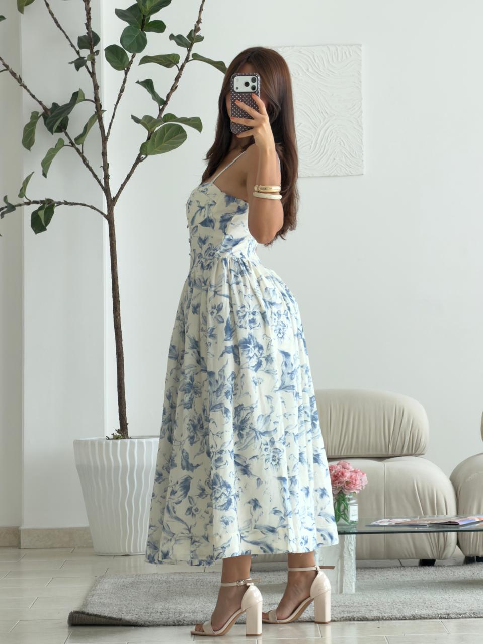 VESTIDO CORSET LARGO FLORAL AZUL