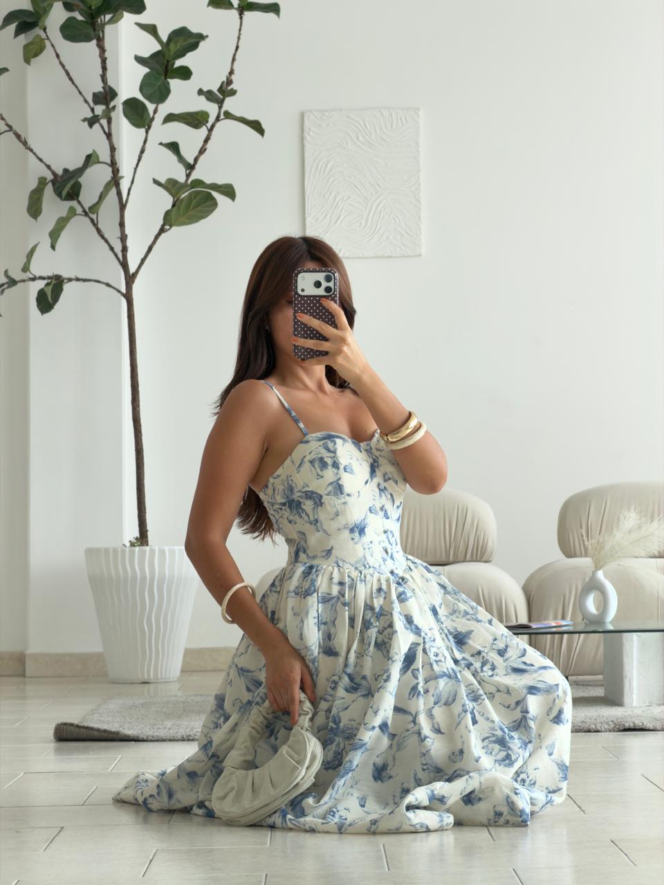 VESTIDO CORSET LARGO FLORAL AZUL