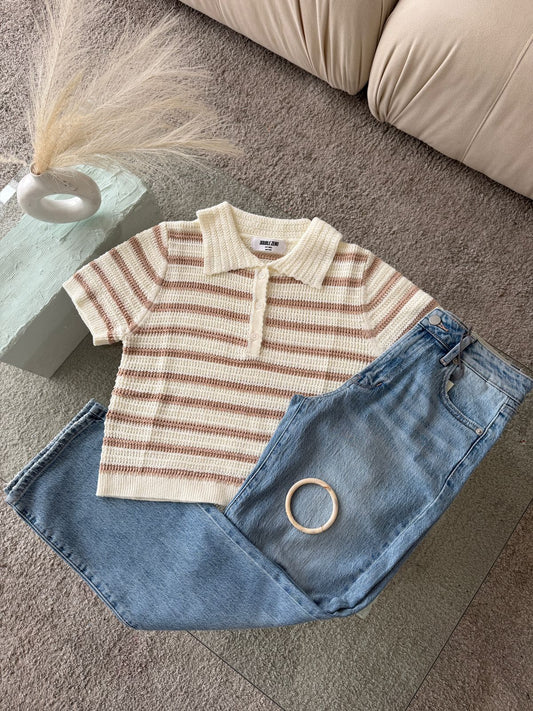 BLUSA POLO RAYAS CAFÉ CLARO Y CREMA