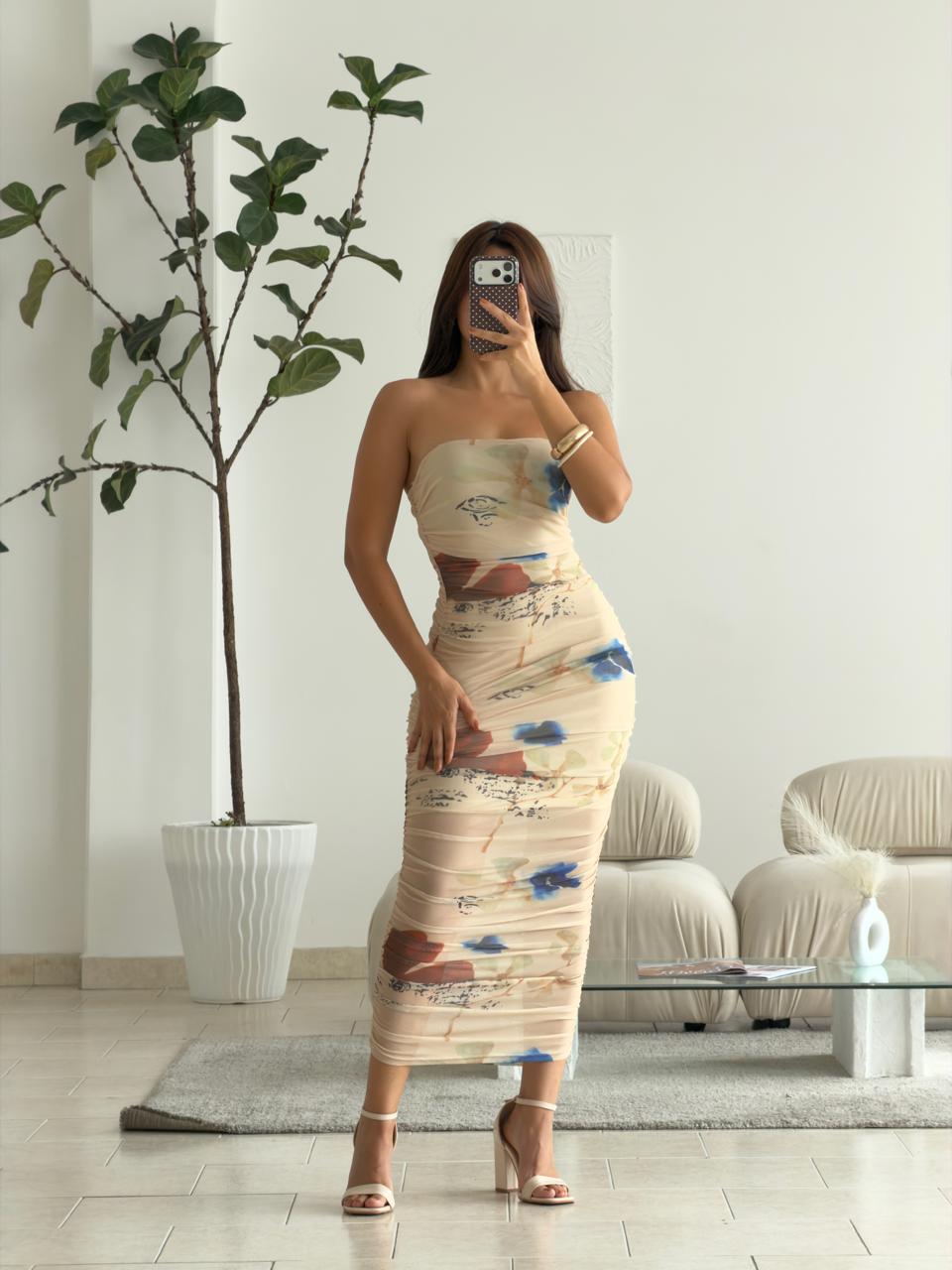 VESTIDO STRAPLESS MESH FLORES
