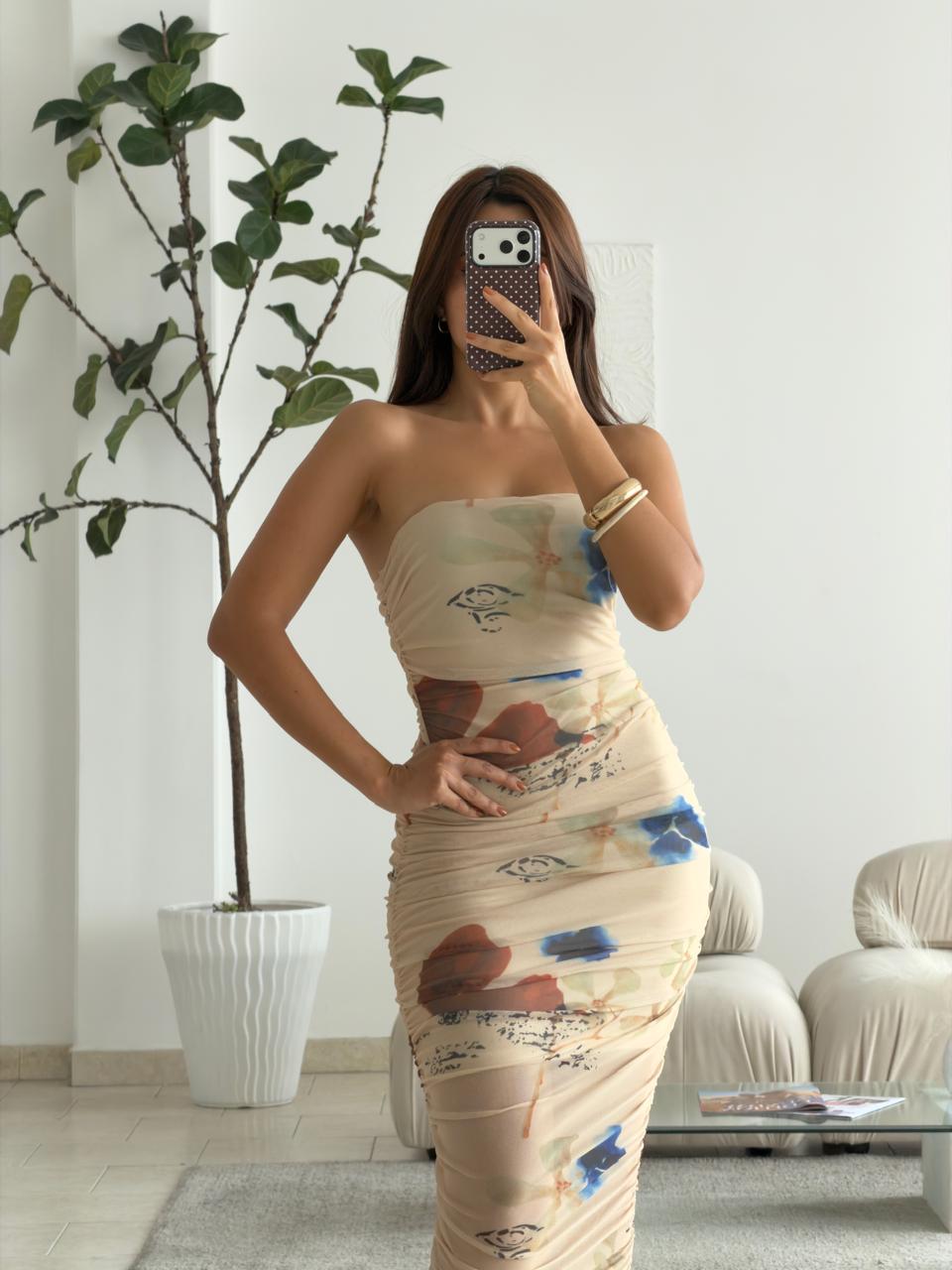 VESTIDO STRAPLESS MESH FLORES
