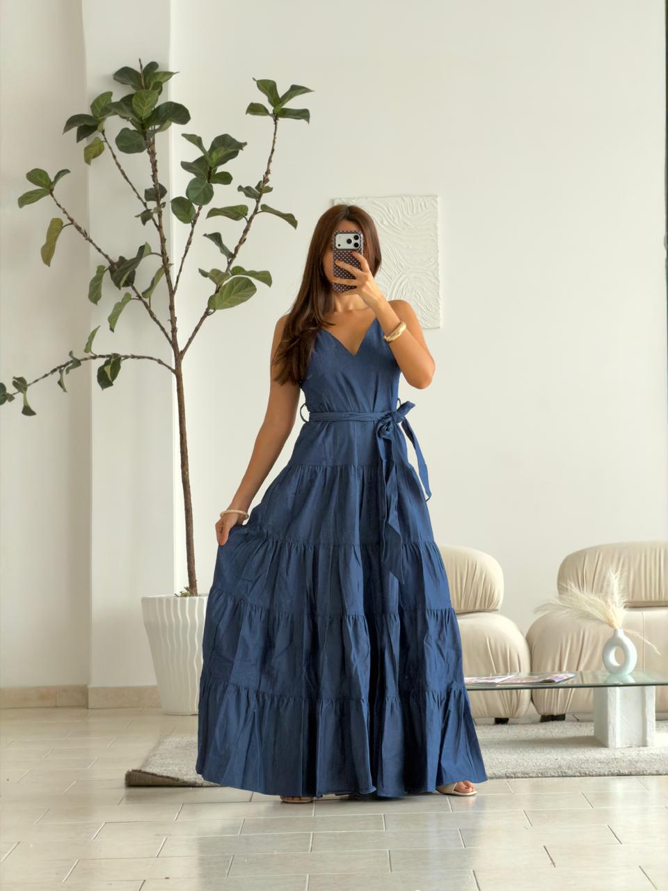 VESTIDO DENIM LARGO CON CINTURÓN
