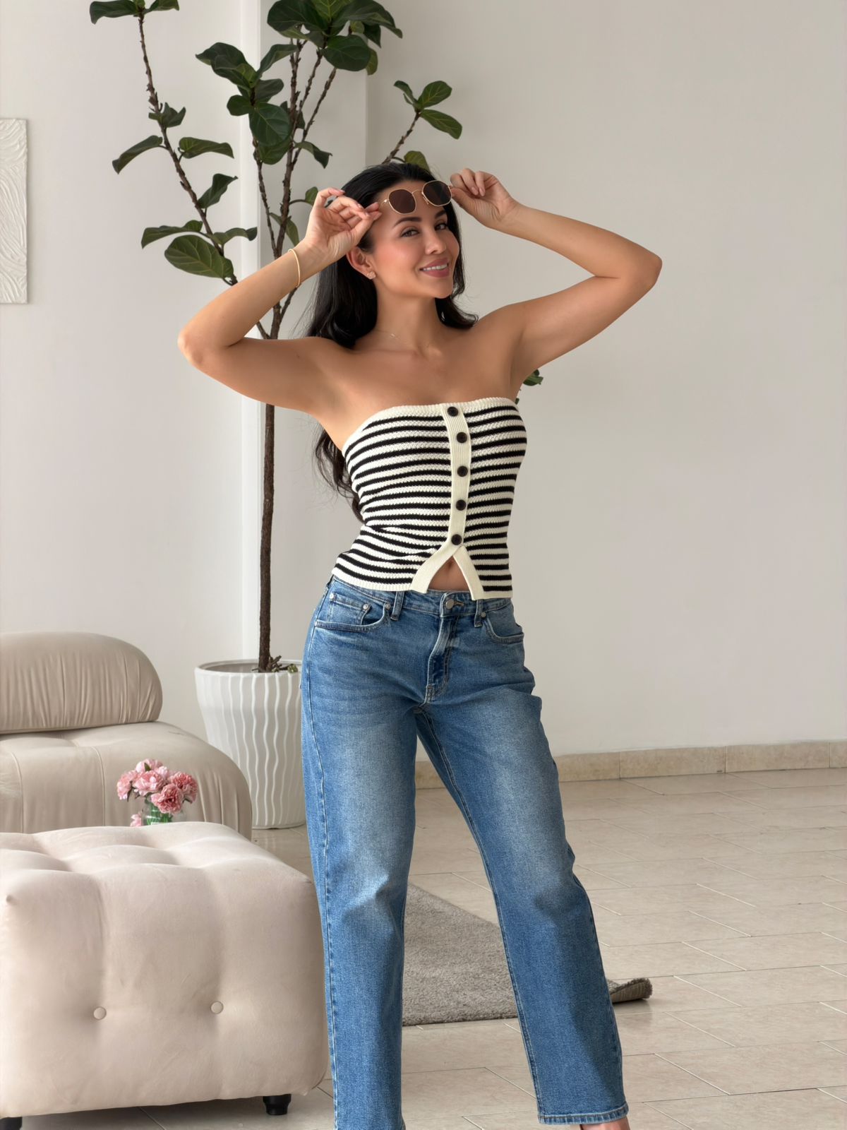 BLUSA STRAPLESS TEJIDA RAYAS NEGRO Y BLANCO