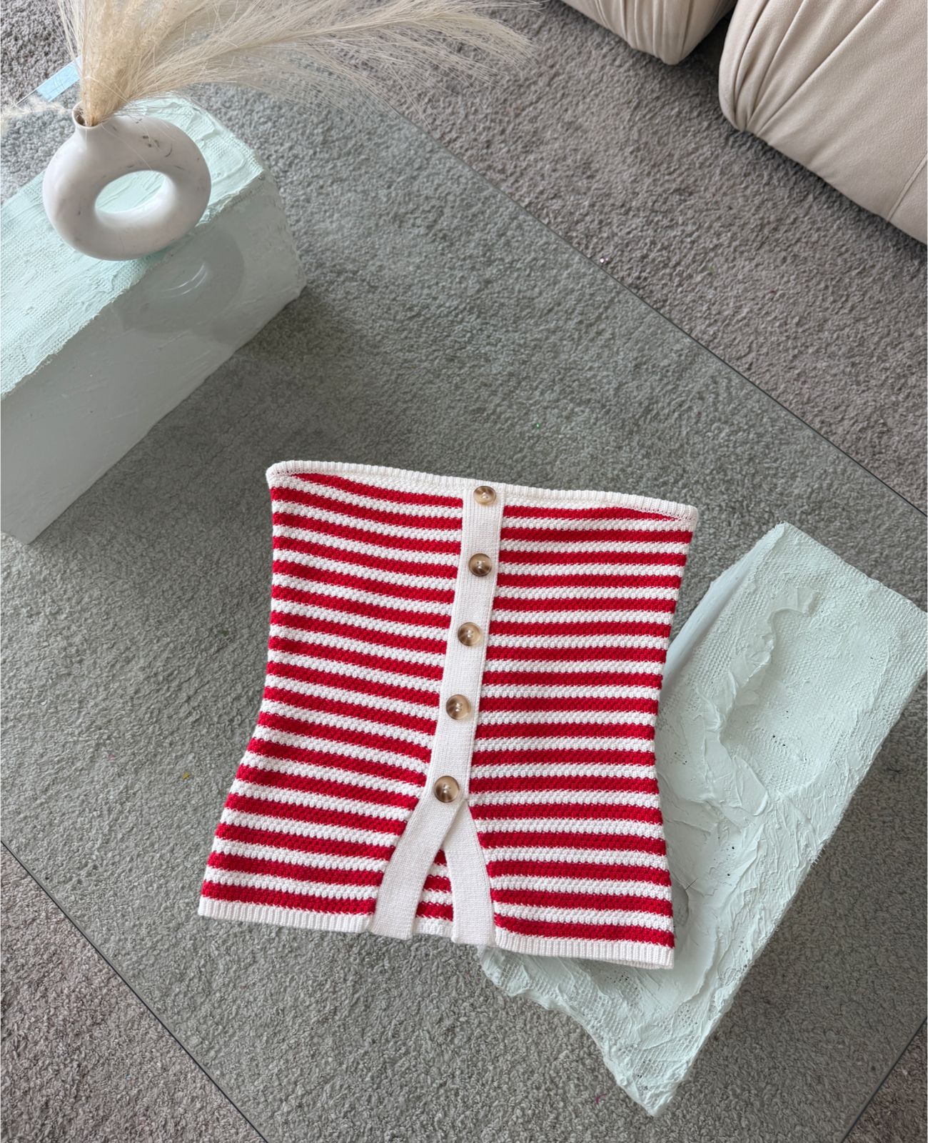 BLUSA STRAPLESS TEJIDA RAYAS ROJO Y BLANCO